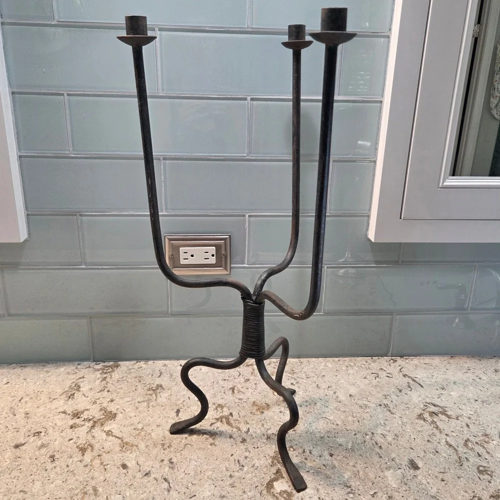 Vintage Iron 3 Lite Candelabra Rustic Gothic Primitive Farmhouse Candle Holder